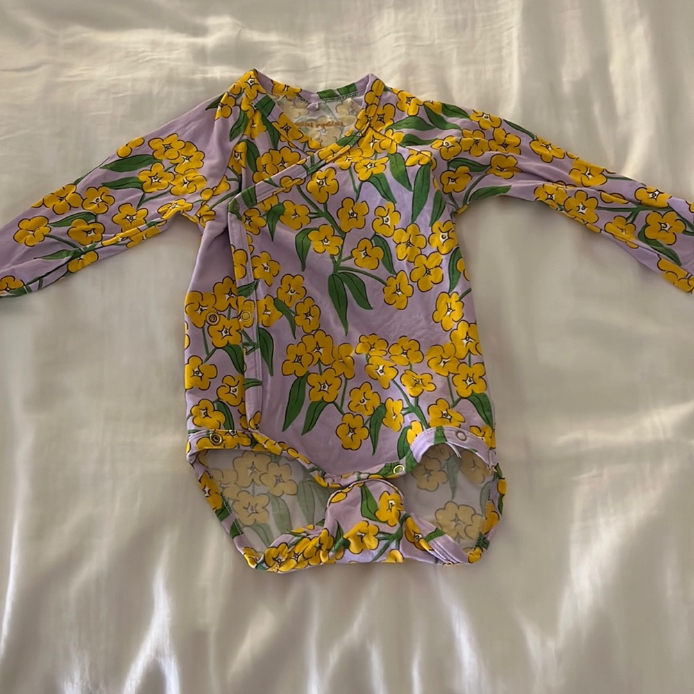 Mini Rodini Lavender Long Sleeve Floral Baby Bodysuit with Yellow Flowers